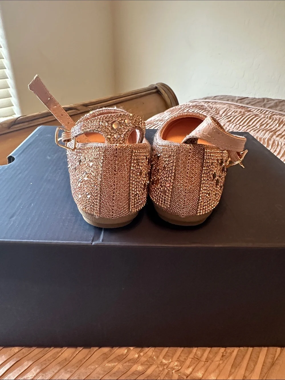 Link Girls' Rose Gold Glitter Crystal Ankle-Strap Flats